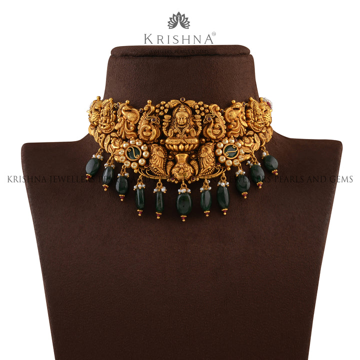 Gold Choker Necklace in Temple  Design - Krishna Jewellers Pearls and Gems