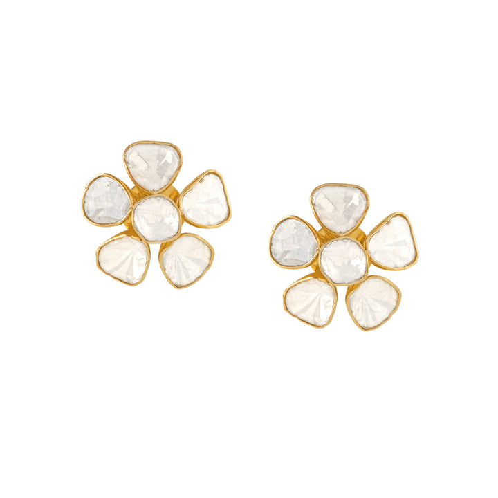Polki Diamond Stud Earrings in Floral Motif - Krishna Jewellers Pearls and Gems