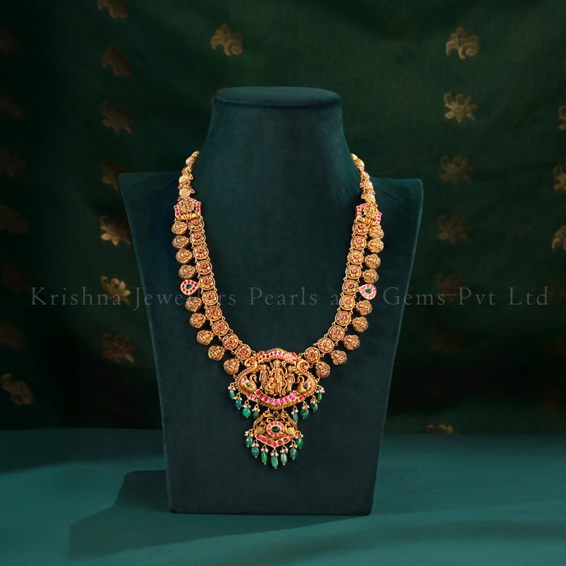 22K Gold Ram Parivar Haram with Pearl and Emerald Beads