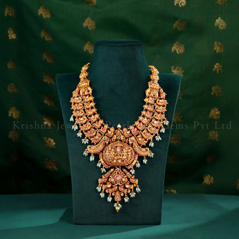 22K Nakshi Bridal Haram with Ruby Emerald and Pearl Detailing