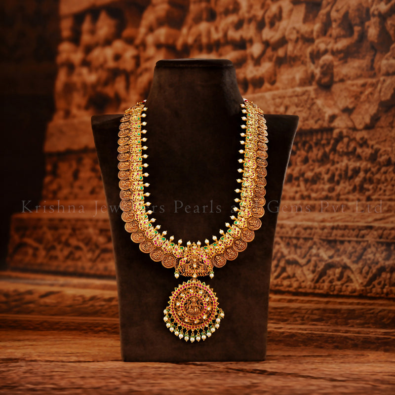 22K Nakshi Kundan Lakshmi Kasu Haram with Pearl Drops