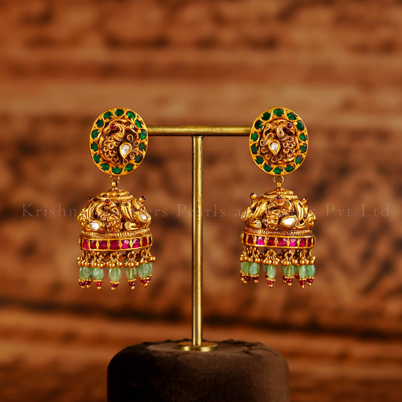 22K Gold Traditional Kundan Temple Nakshi Jhumka Earrings