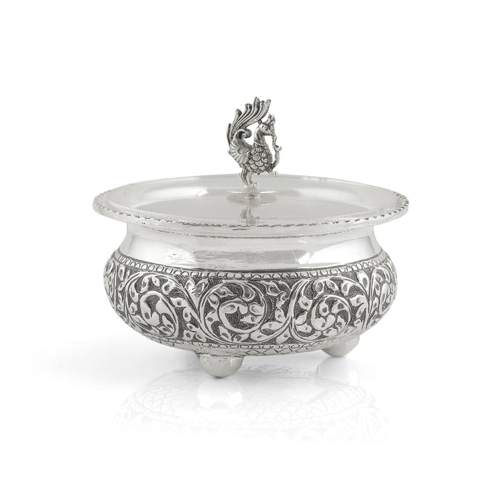 Antique Silver Bowl Silver Peacock Lid - Krishna Jewellers Pearls and Gems