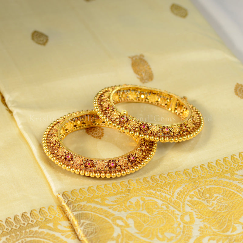 22K Gold Floral Design Bangles with Gold Balls