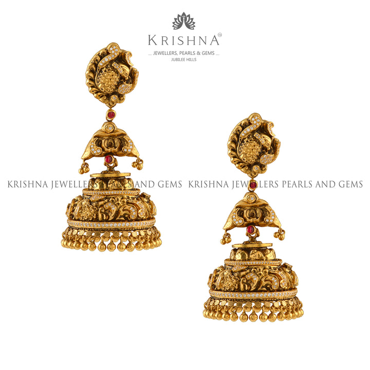 Antique Gold Peacock Jhumka Earrings - Krishna Jewellers Pearls and Gems