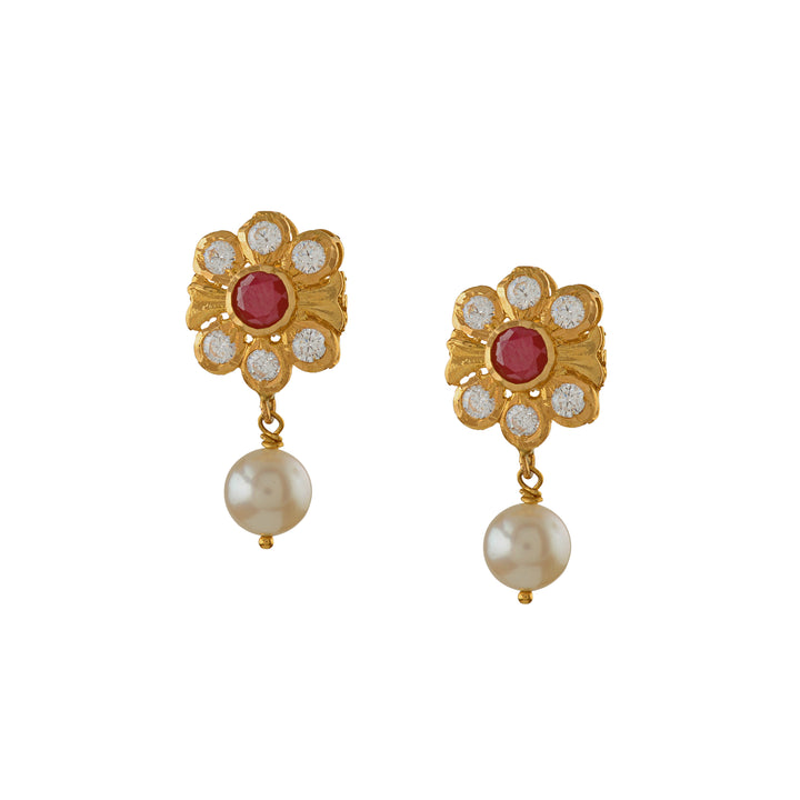Floral Diamond Earrings With Pearl Drops - Krishna Jewellers Pearls and Gems