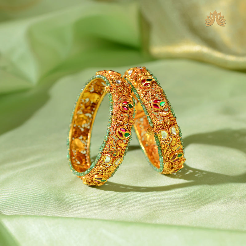 22K Gold Lakshmi Bridal Bangles with Emerald Beads