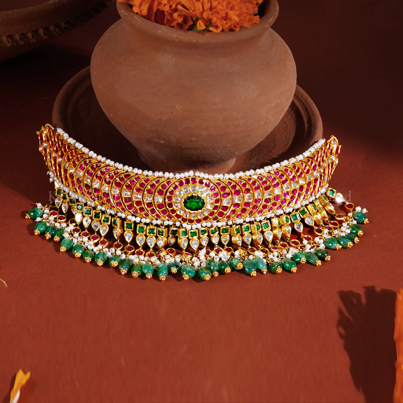 22K Gold Kundan Choker with Emerald Drops