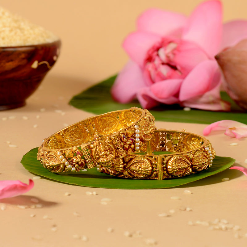 22K Gold Lakshmi Bridal Bangles with Pearls & Rubies