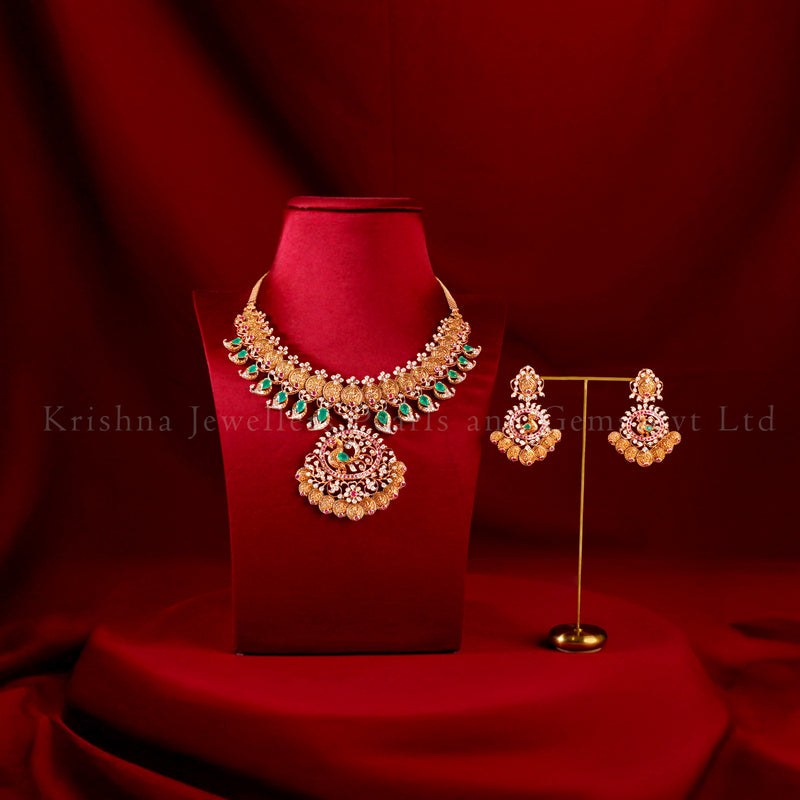 Traditional 18K Diamond Mango Kasu Necklace Set with Color Stones