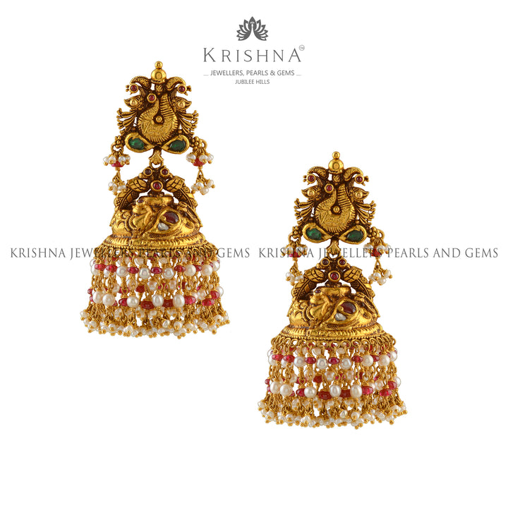 Peacock Pearls Gold Jhumka Earrings - Krishna Jewellers Pearls and Gems