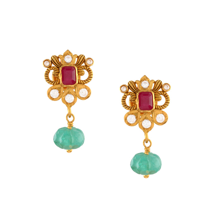 22K Gold Earrings With Karbuja Emerald Beads - Krishna Jewellers Pearls and Gems