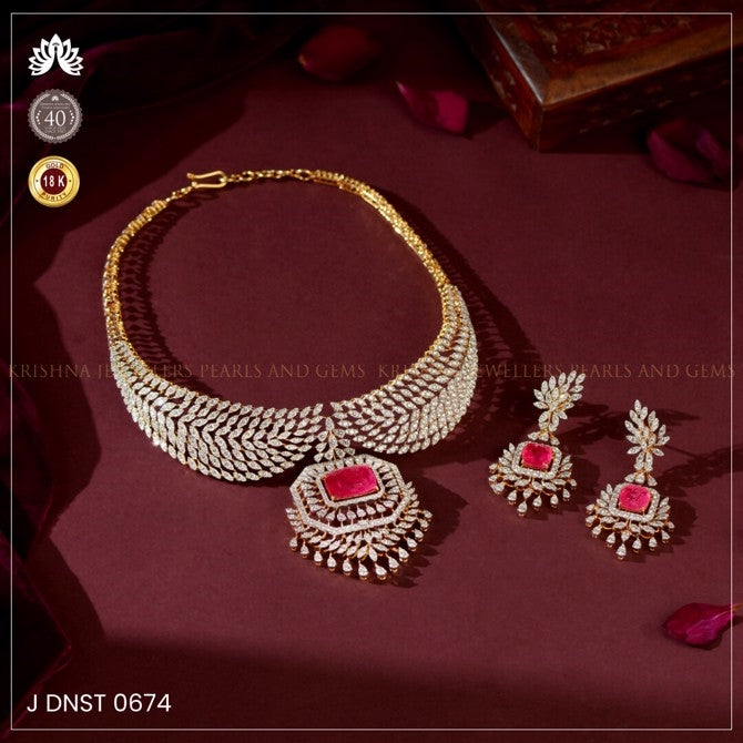 18k Diamond Ruby Necklace Set with Ruby Stones