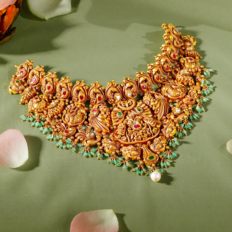 22K Gold Peacock Choker with Emerald & Pearls | Bridal Jewellery