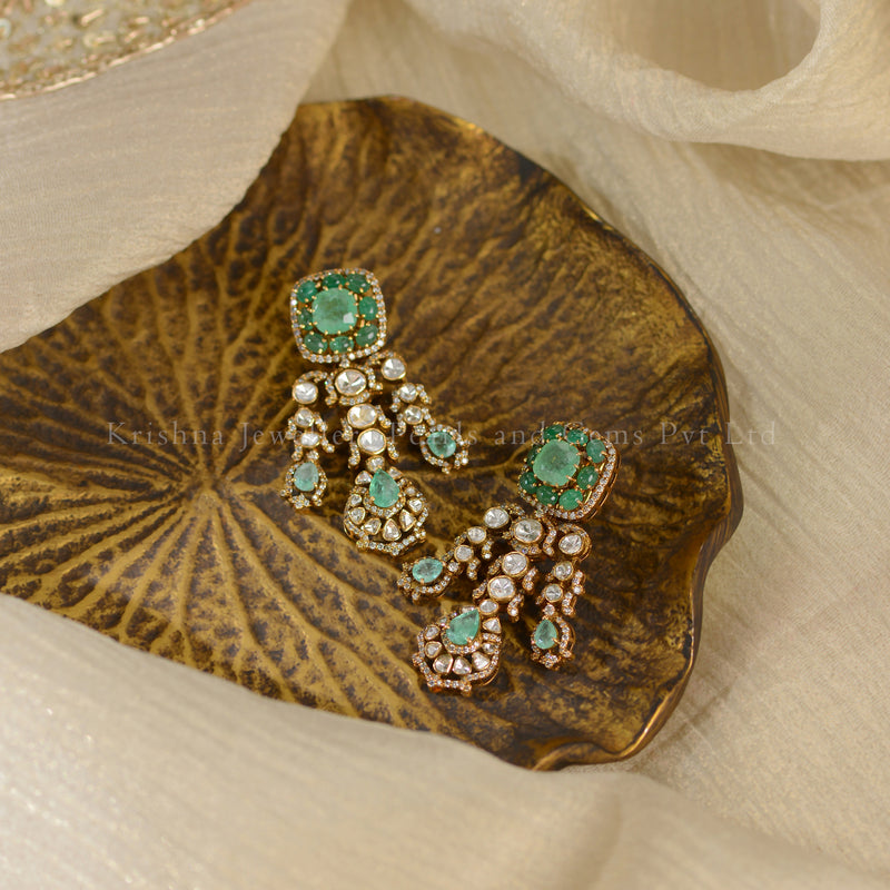 18K Gold Polki Emerald Earrings | Elegant Bridal Drop Earrings