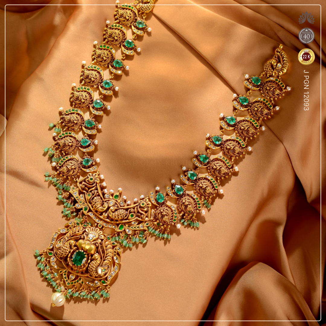 22k Gold Peacock Design Necklace | Crafted with Emeralds and Pearls