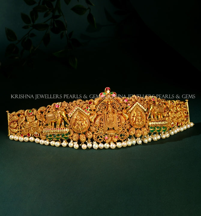 22K Gold Balaji and Lakshmi Devi Vaddanam with Emeralds and Pearls