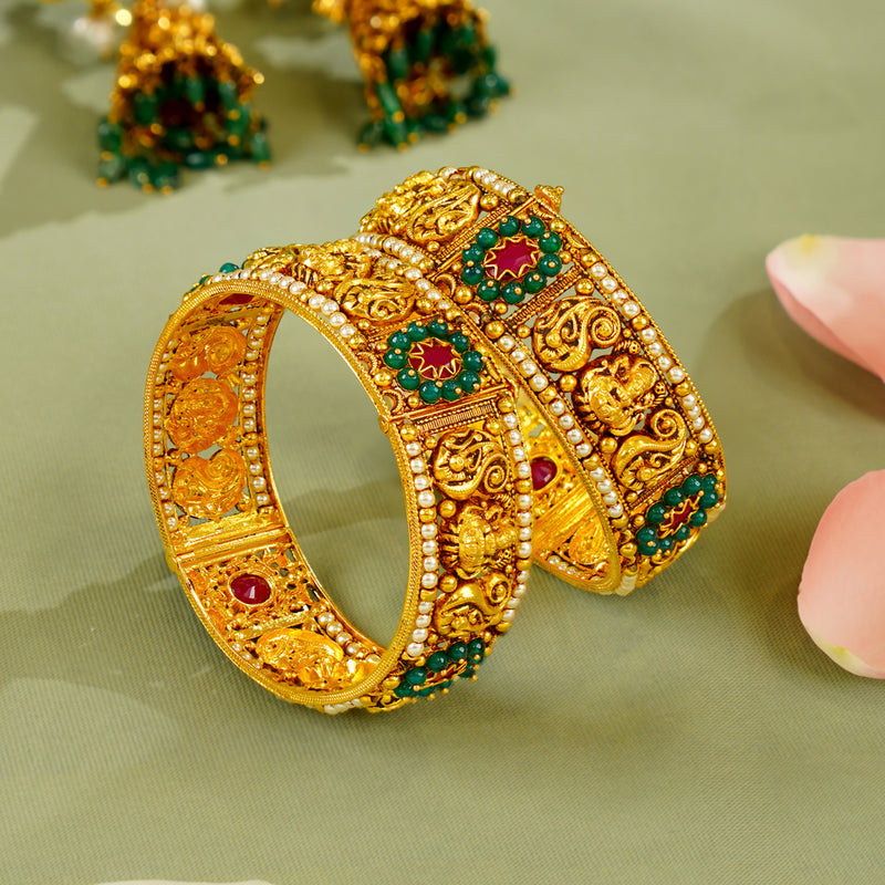 22K Gold Bridal Bangles with Pearls Emeralds & Rubies