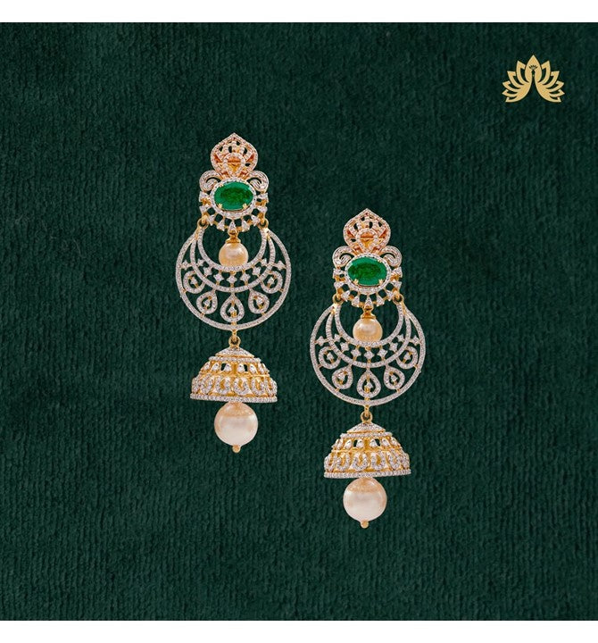 Floral patterns Dazzling Chandbali Jhumka earrings crafted using yellow gold