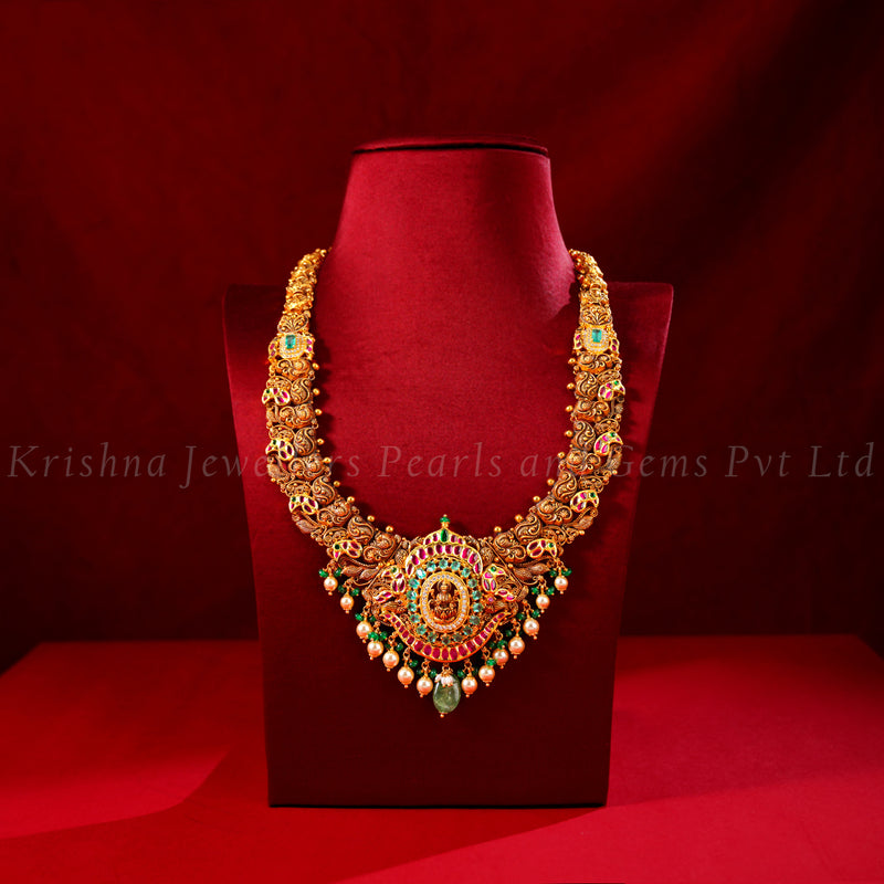 Traditional 22K Kundan Haram with Lakshmi and Peacock Design