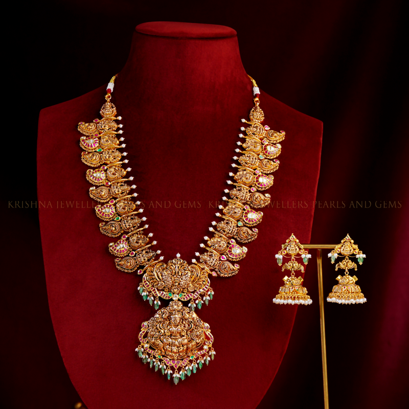 22K Gold Lakshmi Mango Haram Bridal Set with Earrings