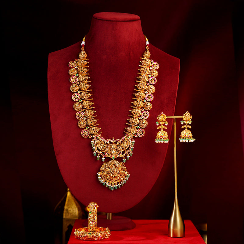 22K Gold Lakshmi Bottu Haram Bridal Set with Earrings & Bangles
