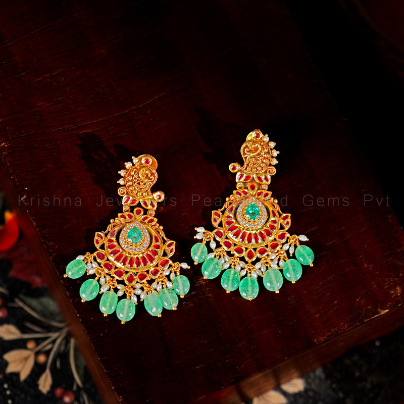 Antique Gold Kempu Chandbali Earrings with Emerald Beads and Pearls