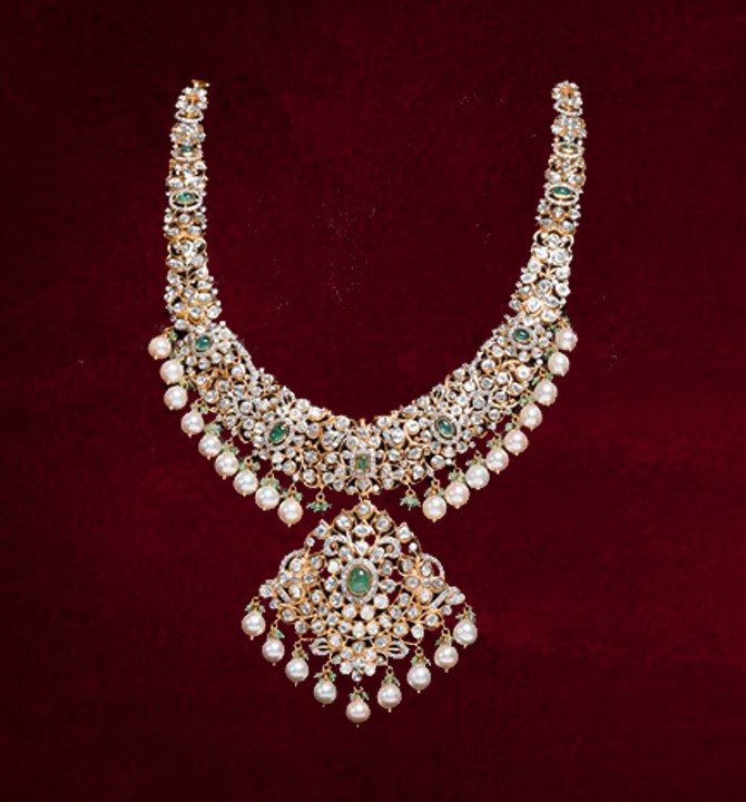 Polki Diamond Necklace Haaram with Pearls Drops