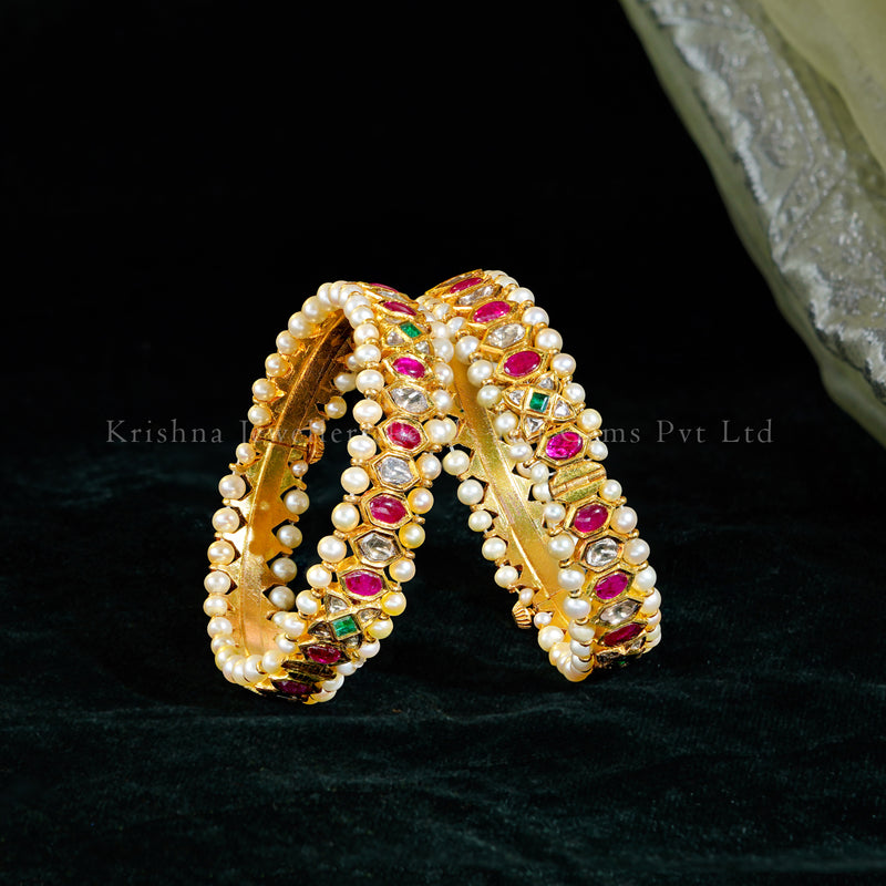 22K Gold Kundan Bangles with Pearl Accents