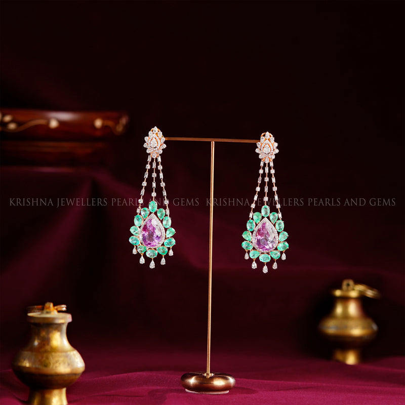18K Diamond Drop Earrings with Emerald & Kunzite