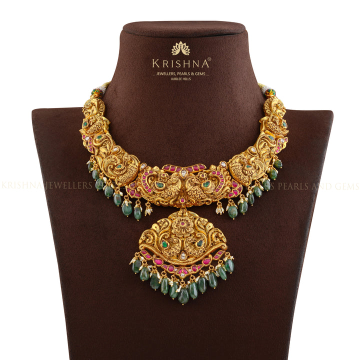 Short Gold Necklace in Nakshi Work - Krishna Jewellers Pearls and Gems