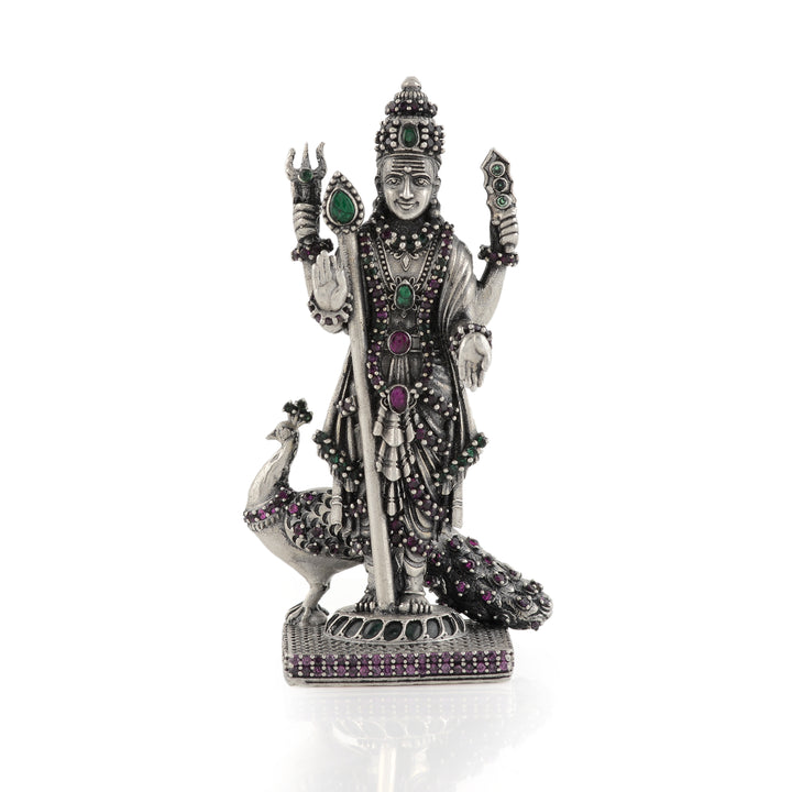 Silver Idol of Murugan with Peacock - Krishna Jewellers Pearls and Gems