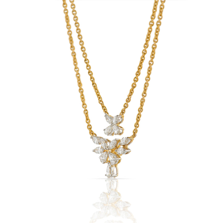 Gold Triple Chain Flower n Leaf Diamond Pendant - Krishna Jewellers Pearls and Gems