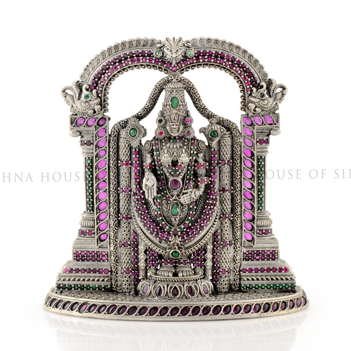 Divine Silver Lord Balaji Idol with Gemstones - Krishna Jewellers Pearls and Gems