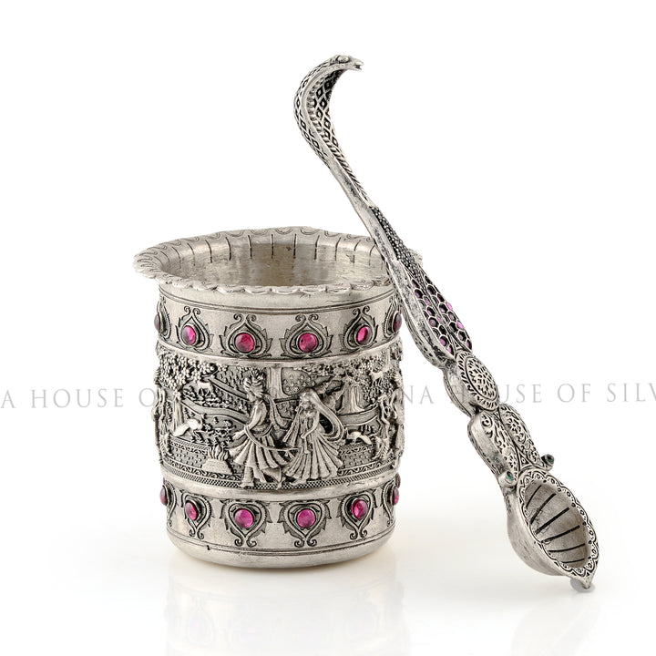 Silver Panchapatra Set - Intricate Stonework & Design