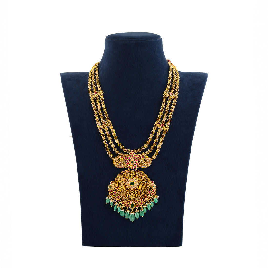 22K Gold Long 3-Layered Haar Necklace Bridal Temple Jewelry