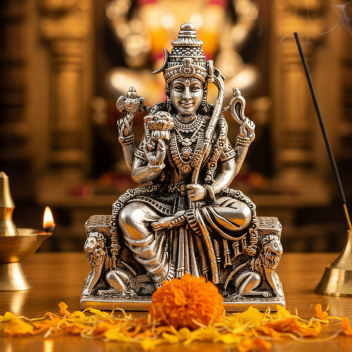 Goddess Lalitha Devi Idol In Silver With Antique Finish