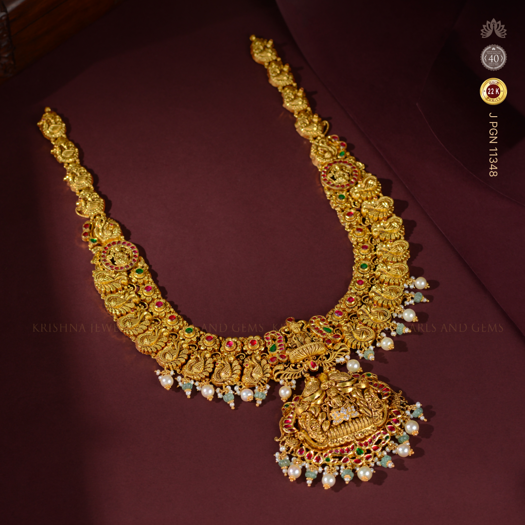 Gold Bridal Long Haar Necklace with Peacock Design – Temple Jewelry
