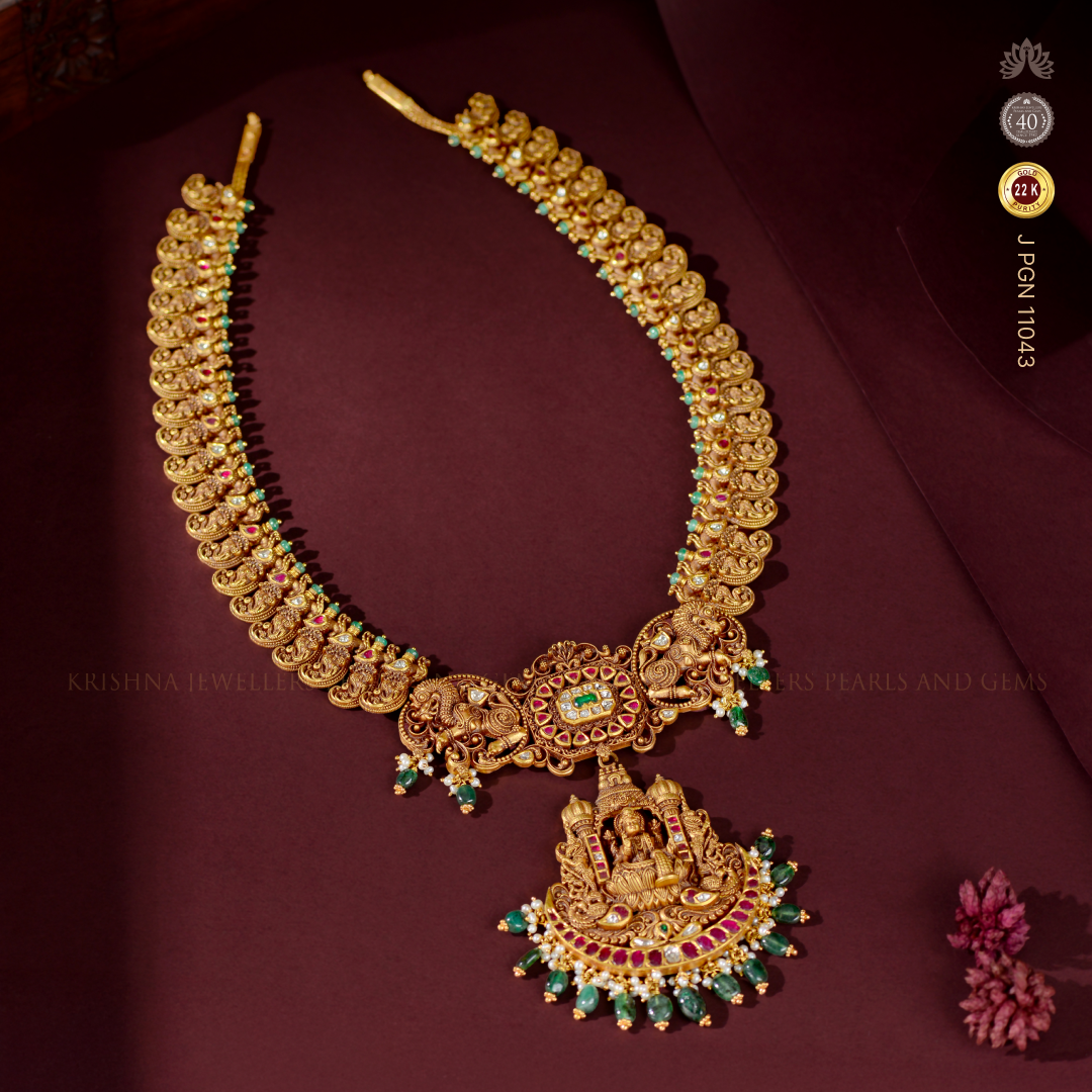 22K Gold Mango Haar Necklace with Lakshmi Devi Pendant Traditional Bridal Jewelry
