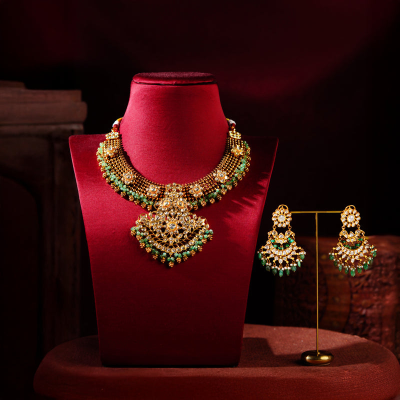 Polki Emerald Drop Gold Necklace Set