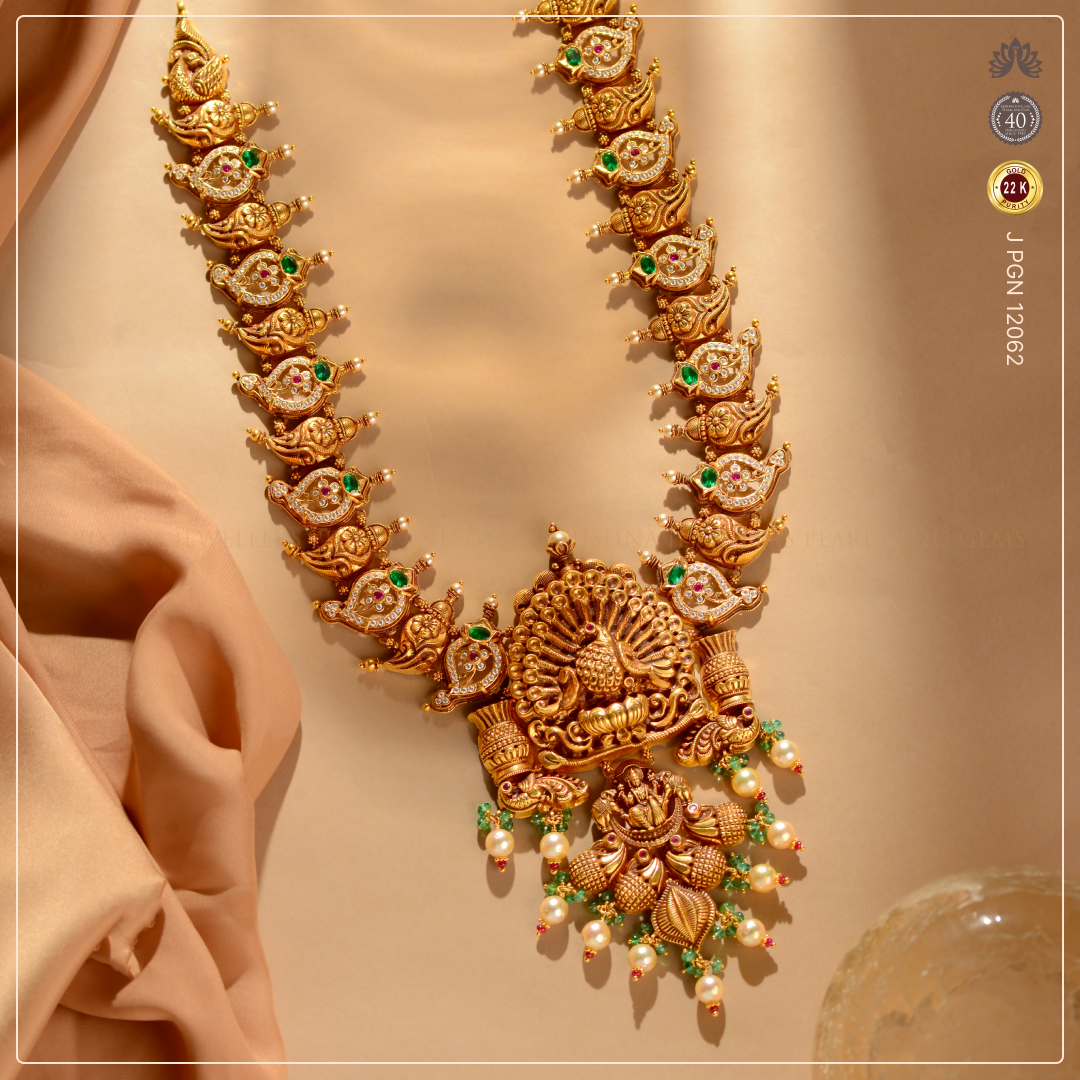Peacock & Laxmi Devi Gold Necklace | Crafted with Emeralds and Pearls