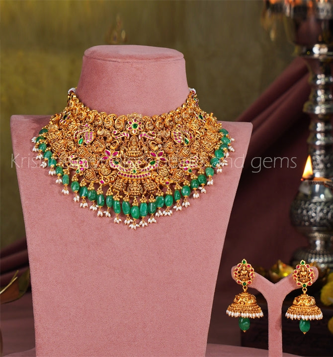 22k Gold Emerald Pearl Choker and Earrings Set
