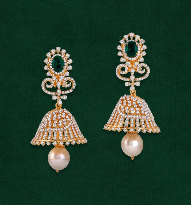 Diamond Jhumka Earrings Crafted In Yellow Gold with Emerald