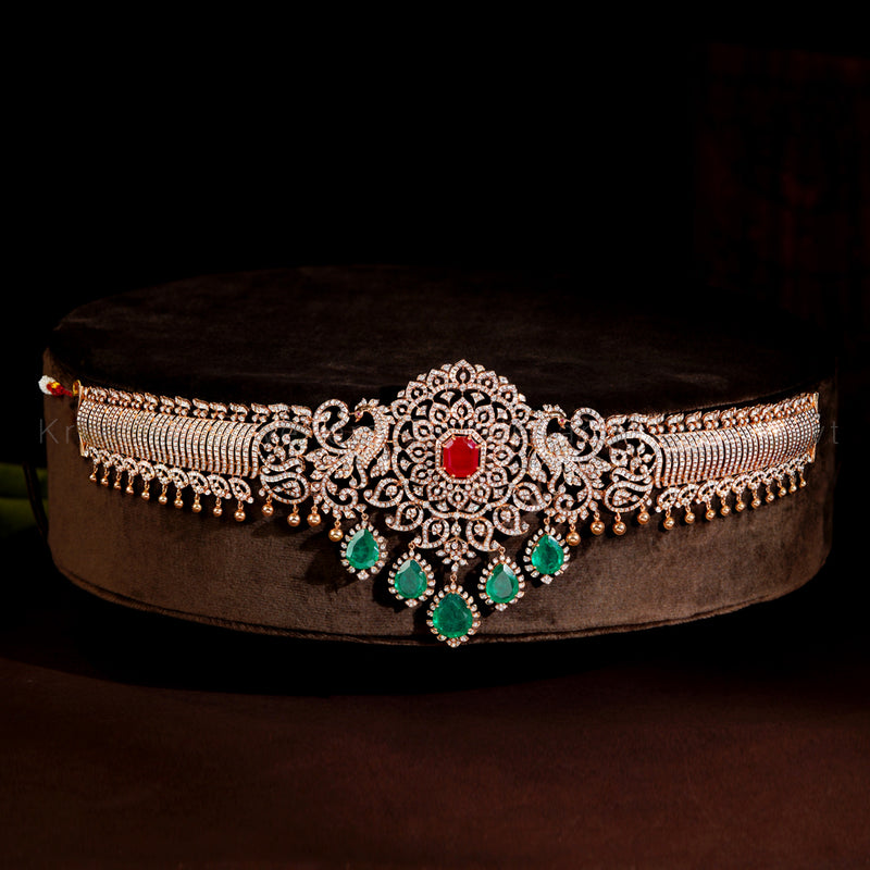 Diamond Emerald Ruby Vaddanam | Peacock Bridal Waist Belt in Gold
