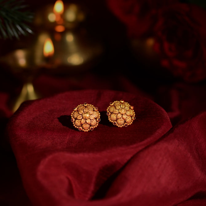 Traditional Gold Earrings with Ruby and Ganesh Carvings