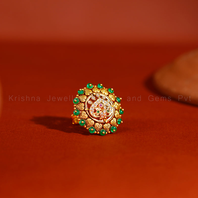 Antique Gold Emerald Bead Cocktail Ring with Peacock Motif