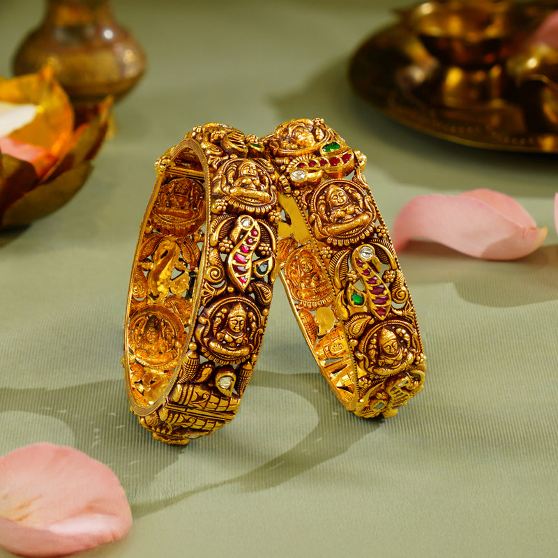 22K Gold Lakshmi Peacock Bridal Bangles with Pota & Diamonds