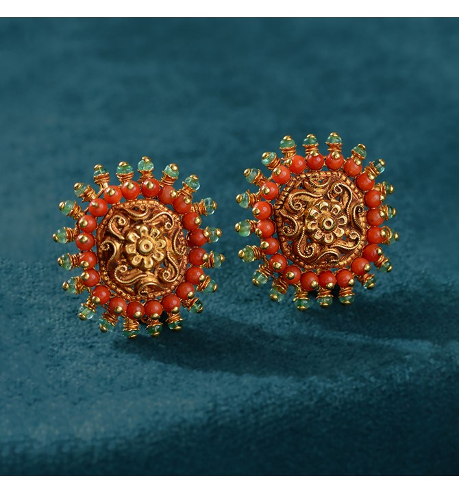 Gold Nakshi Studs In Sun Motif