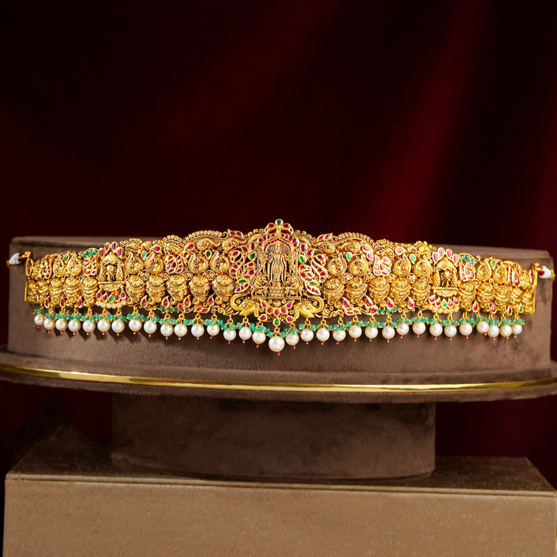 22K Gold Nakshi Lakshmi Devi Bridal Vaddanam with Pearl Drops