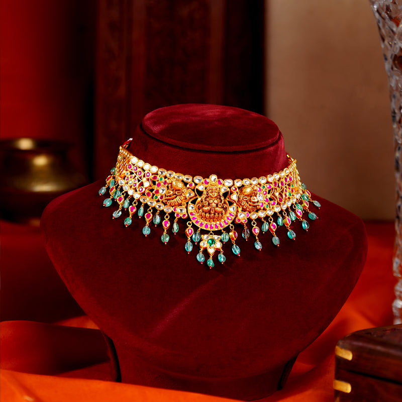 22K Gold Lakshmi Kundan Temple Choker Necklace